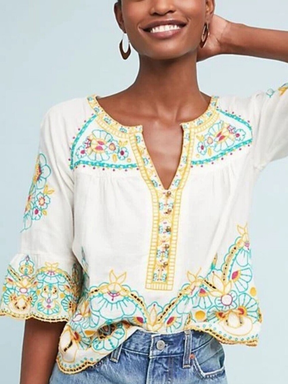 Anthropologie Akemi + Kin Bisbee Embroidered Romantic Boho Peasant Top, Size 6
